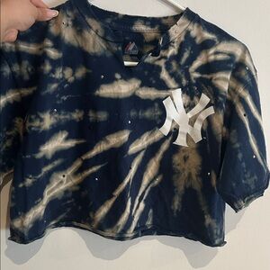 Majestic Navy and Tan Tie-Dye Cropped NY Tee with Rhinestones